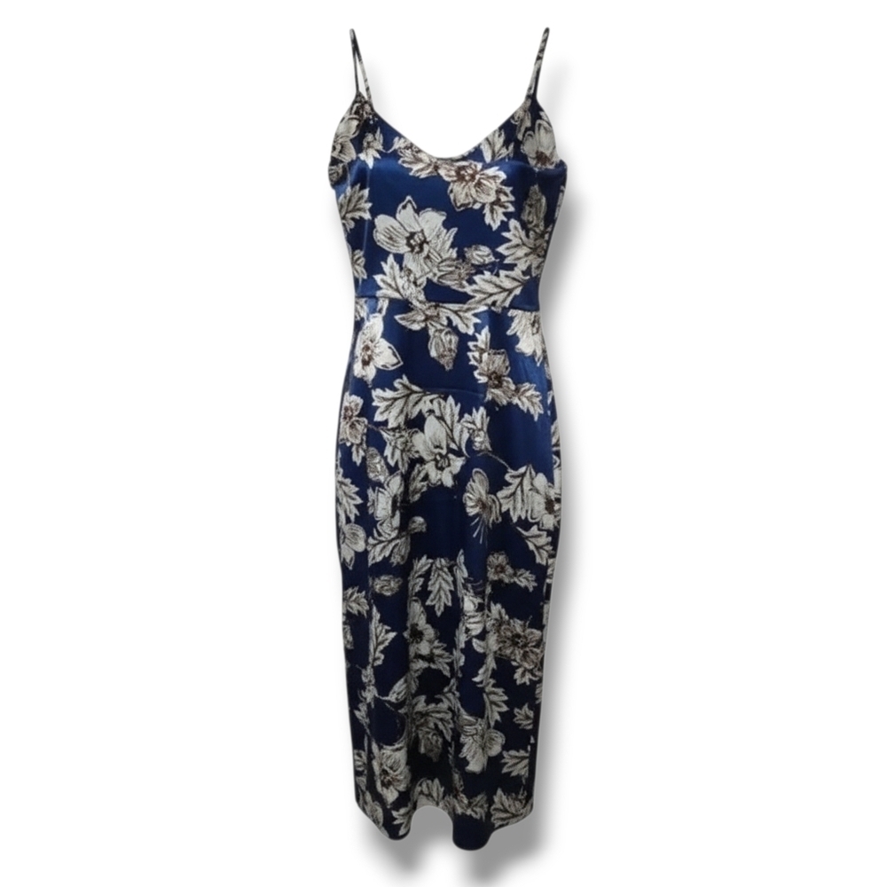 Shein women's blue floral silky draped neckline sleeveless dress - xs